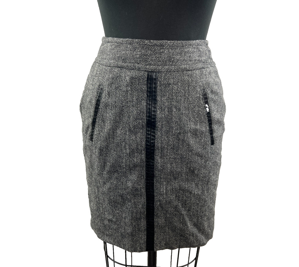 GERARD DAREL Dark Gray Wool Leather Detail Straight Pencil Skirt Sz EU 36